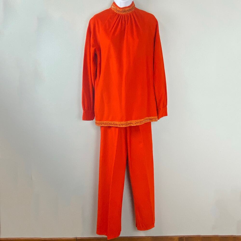 Vintage 2 Piece 60s 70s Retro Orange Tunic & Pants Set Medium - Picture 2 of 16